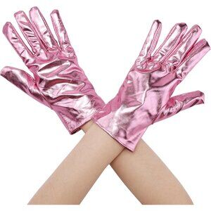 Women's Dark Pink Shimmer Metallic Shiny Full Finger Short Gloves Party Costume